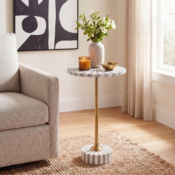 JONATHAN Y Gray, White and Gold Metal and Resin End Table, 14" x 23.5" Art Deco Glam Sunburst Round Pedestal Side Table for Living Room END1004B