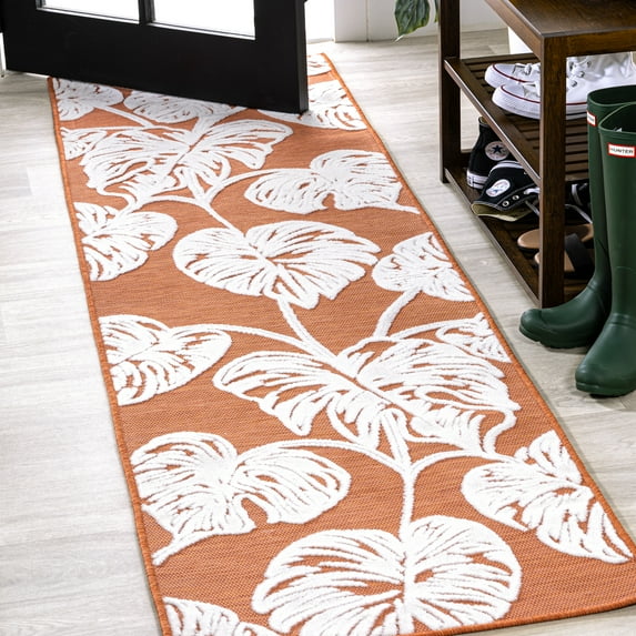 JONATHAN Y HAWAII 2 x 8 Runner Rug, Tobago Two-Tone Monstera Leaf - Orange/Ivory, HWC100A-28