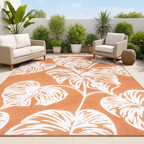 JONATHAN Y HAWAII 4 x 6 Area Rug, Tobago Two-Tone Monstera Leaf - Orange/Ivory, HWC100A-4