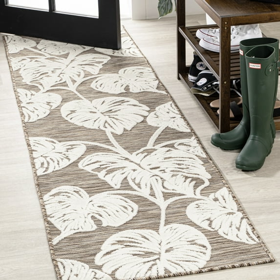 JONATHAN Y HAWAII 2 x 8 Runner Rug, Tobago Two-Tone Monstera Leaf - Brown/Ivory, HWC100B-28