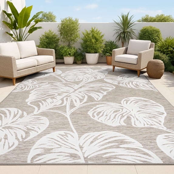 JONATHAN Y HAWAII 3 x 5 Area Rug, Tobago Two-Tone Monstera Leaf - Brown/Ivory, HWC100B-3