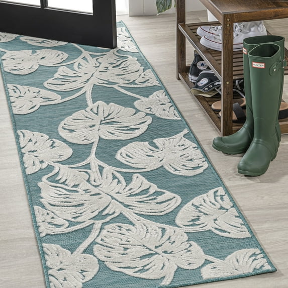 JONATHAN Y HAWAII 2 x 8 Runner Rug, Tobago Two-Tone Monstera Leaf - Blue/Ivory, HWC100C-28