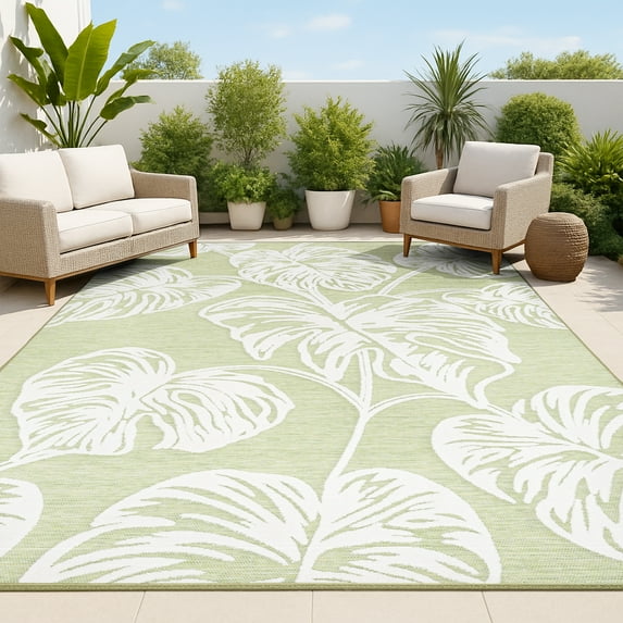 JONATHAN Y HAWAII 3 x 5 Area Rug, Tobago Two-Tone Monstera Leaf - Light Green/Ivory, HWC100D-3