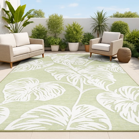 JONATHAN Y HAWAII 8 x 10 Area Rug, Tobago Two-Tone Monstera Leaf - Light Green/Ivory, HWC100D-8