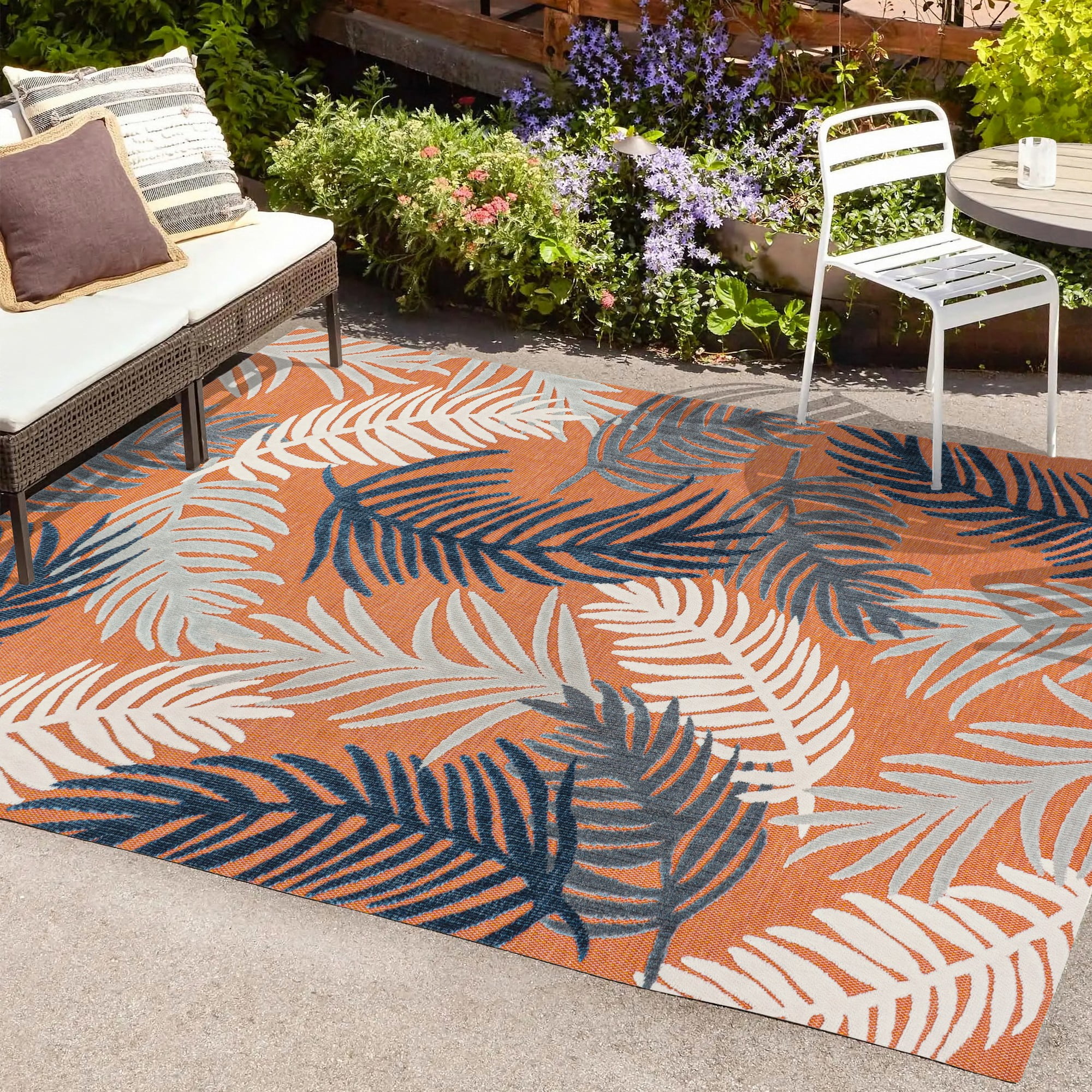 Montego Tropical Palm Orange Navy Ivory 3' x 5' Synthetic Area Rug