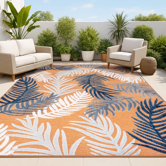 JONATHAN Y HAWAII 5 x 8 Area Rug, Montego Tropical Palm - Orange/Navy/Ivory, HWC101A-5