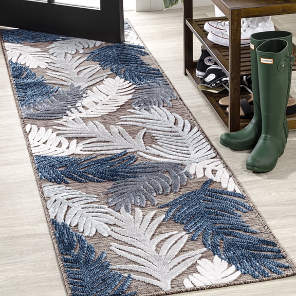 JONATHAN Y HAWAII 2 x 8 Runner Rug, Montego Tropical Palm - Brown/Navy/Ivory, HWC101B-28