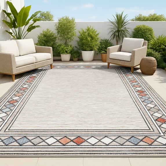 JONATHAN Y HAWAII 5 x 8 Area Rug, Sebastian Diamond Border - Brown/Ivory, HWC102A-5