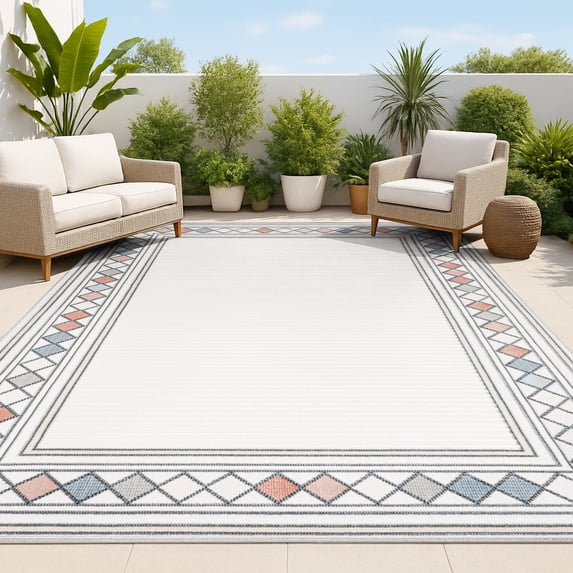 JONATHAN Y HAWAII 3 x 5 Area Rug, Sebastian Diamond Border - Ivory/Beige, HWC102B-3