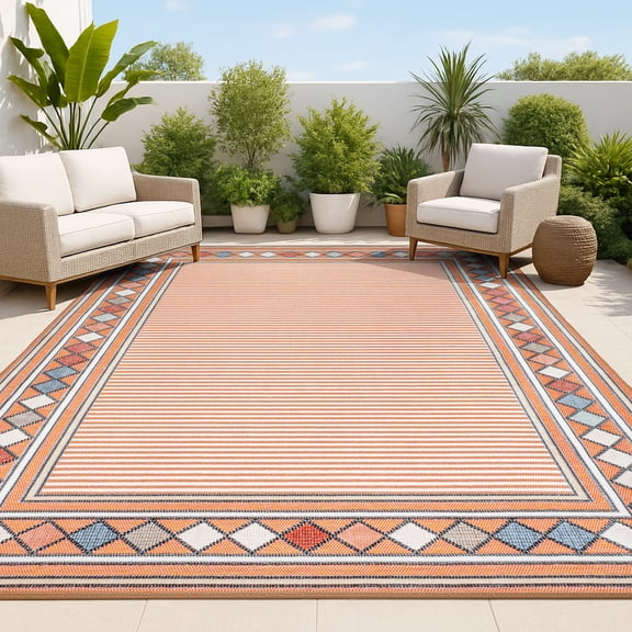 JONATHAN Y HAWAII 8 x 10 Area Rug, Sebastian Diamond Border - Orange/Ivory, HWC102C-8