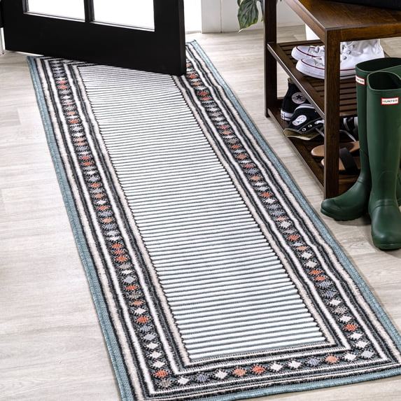 JONATHAN Y HAWAII 2 x 8 Runner Rug, Sebastian Diamond Border - Blue/Ivory, HWC102D-28