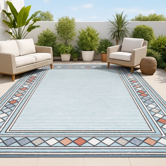 JONATHAN Y HAWAII 5 x 8 Area Rug, Sebastian Diamond Border - Blue/Ivory, HWC102D-5