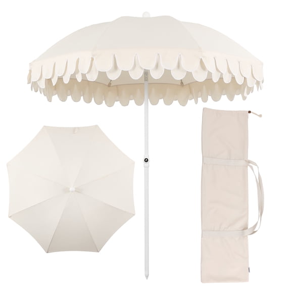 JONATHAN Y Horizon 6.5 ft. Market Beach Umbrella, Classic Mid-Century Scalloped Fringe with Push-Button Tilt, Wind Vent and UV Protection, and Matching Carry Bag in Cream/White, White Pole