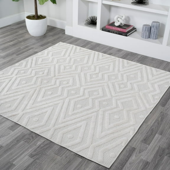 JONATHAN Y IBIZA 5' Square Area Rug, Balansat Moroccan Diamond - Ivory, IBZ100D-5SQ
