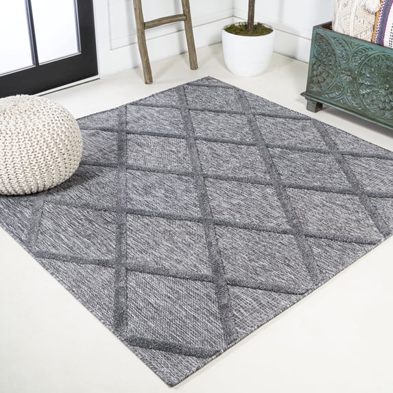 JONATHAN Y IBIZA 5' Square Area Rug, Salines Diamond Trellis - Dark Gray, IBZ101A-5SQ