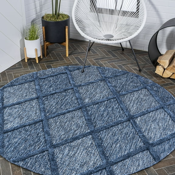 JONATHAN Y IBIZA 5' Round Area Rug, Salines Diamond Trellis - Navy, IBZ101B-5R