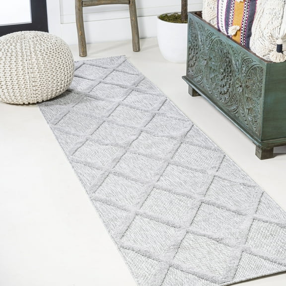 JONATHAN Y IBIZA 2 x 8 Runner Rug, Salines Diamond Trellis - Light Gray, IBZ101C-28
