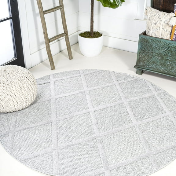 JONATHAN Y IBIZA 5' Round Area Rug, Salines Diamond Trellis - Light Gray, IBZ101C-5R