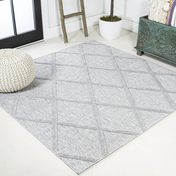 JONATHAN Y IBIZA 5' Square Area Rug, Salines Diamond Trellis - Light Gray, IBZ101C-5SQ