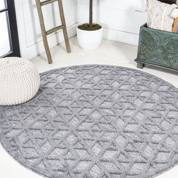 JONATHAN Y IBIZA 5' Round Area Rug, Talaia Neutral Geometric - Dark Gray, IBZ102A-5R