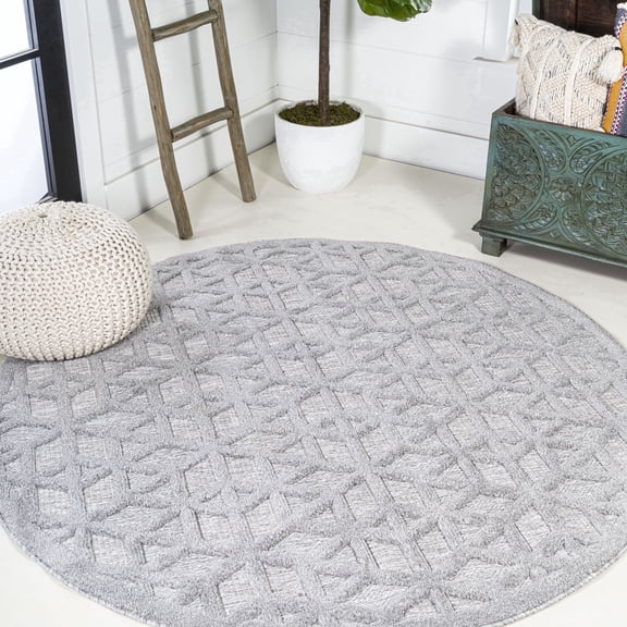 JONATHAN Y IBIZA 5' Round Area Rug, Talaia Neutral Geometric - Light Gray, IBZ102C-5R