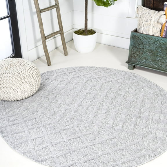 JONATHAN Y IBIZA 5' Round Area Rug, Peralta Moroccan Diamond - Light Gray, IBZ103C-5R