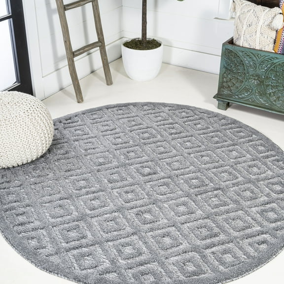 JONATHAN Y IBIZA 5' Round Area Rug, Portmany Neutral Diamond Trellis - Dark Gray, IBZ104A-5R