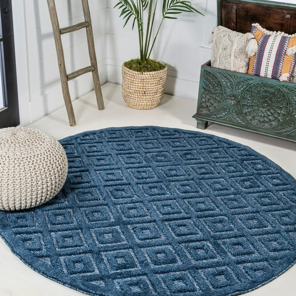 JONATHAN Y IBIZA 5' Round Area Rug, Portmany Neutral Diamond Trellis - Navy, IBZ104B-5R