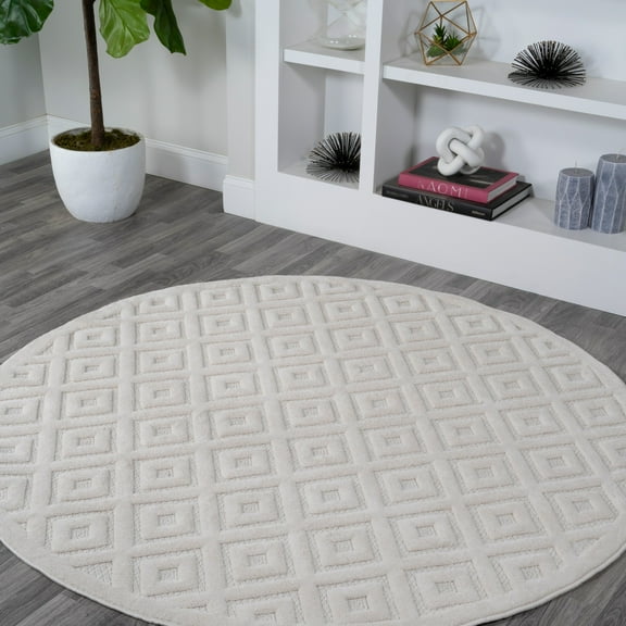 JONATHAN Y IBIZA 5' Round Area Rug, Portmany Neutral Diamond Trellis - Ivory, IBZ104D-5R