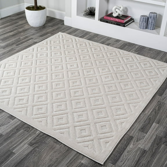 JONATHAN Y IBIZA 5' Square Area Rug, Portmany Neutral Diamond Trellis - Ivory, IBZ104D-5SQ