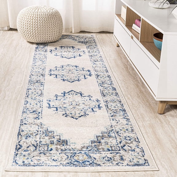 JONATHAN Y Inigo Cottage Medallion Blue/Gray Runner Rug, 2x8, Bohemian, Transitional, Easy-Cleaning for Living Room, Bedroom, Kitchen, Pet Friendly, Non-Shedding (BMF107A-28)