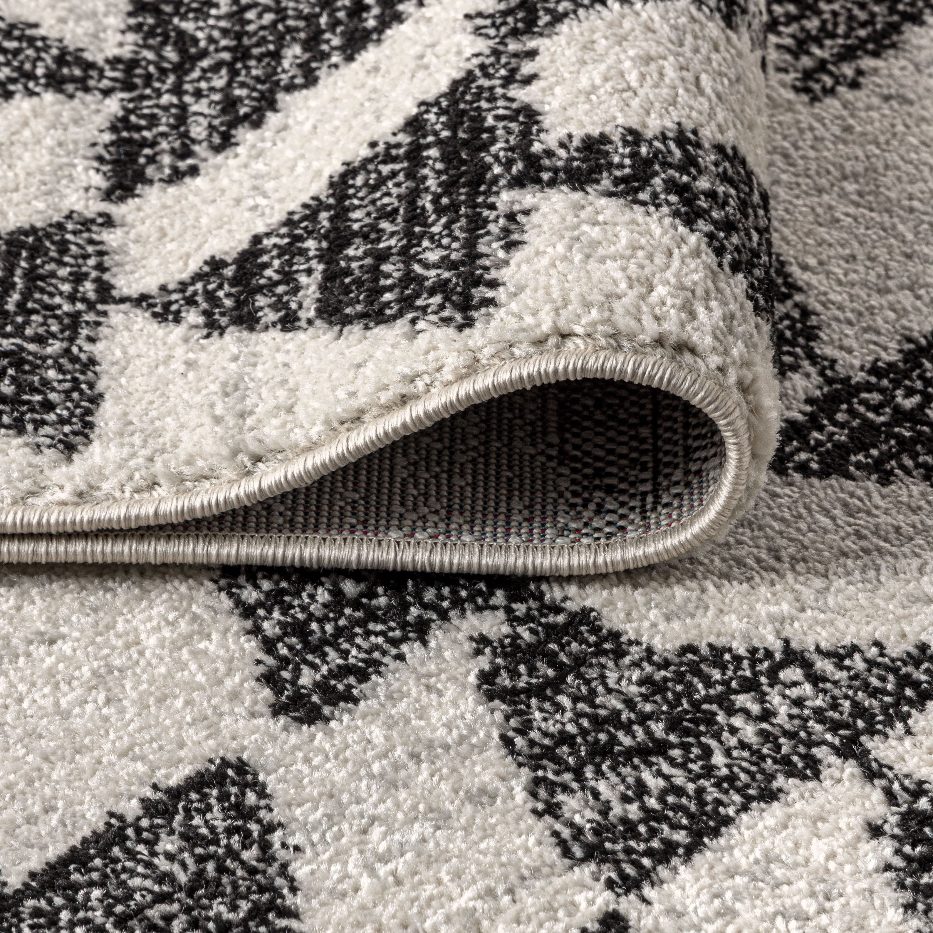 Cream and Black Moroccan Geometric Square Synthetic Rug