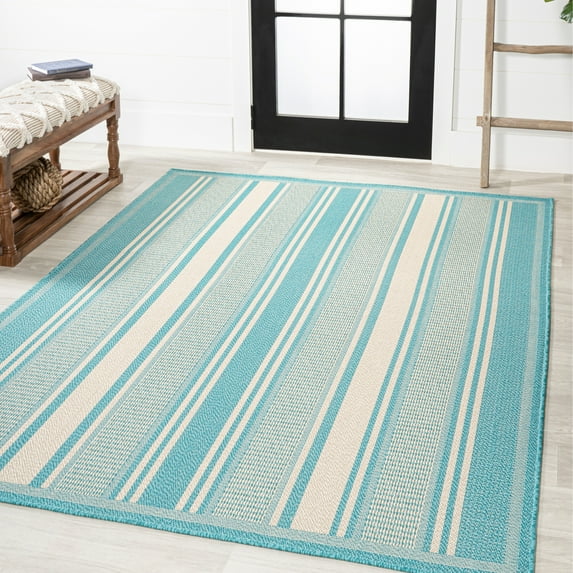 JONATHAN Y JONATHAN Y Negril Modern Double Stripe Indoor/Outdoor Area Rug 4 X 6 - Aqua/Beige