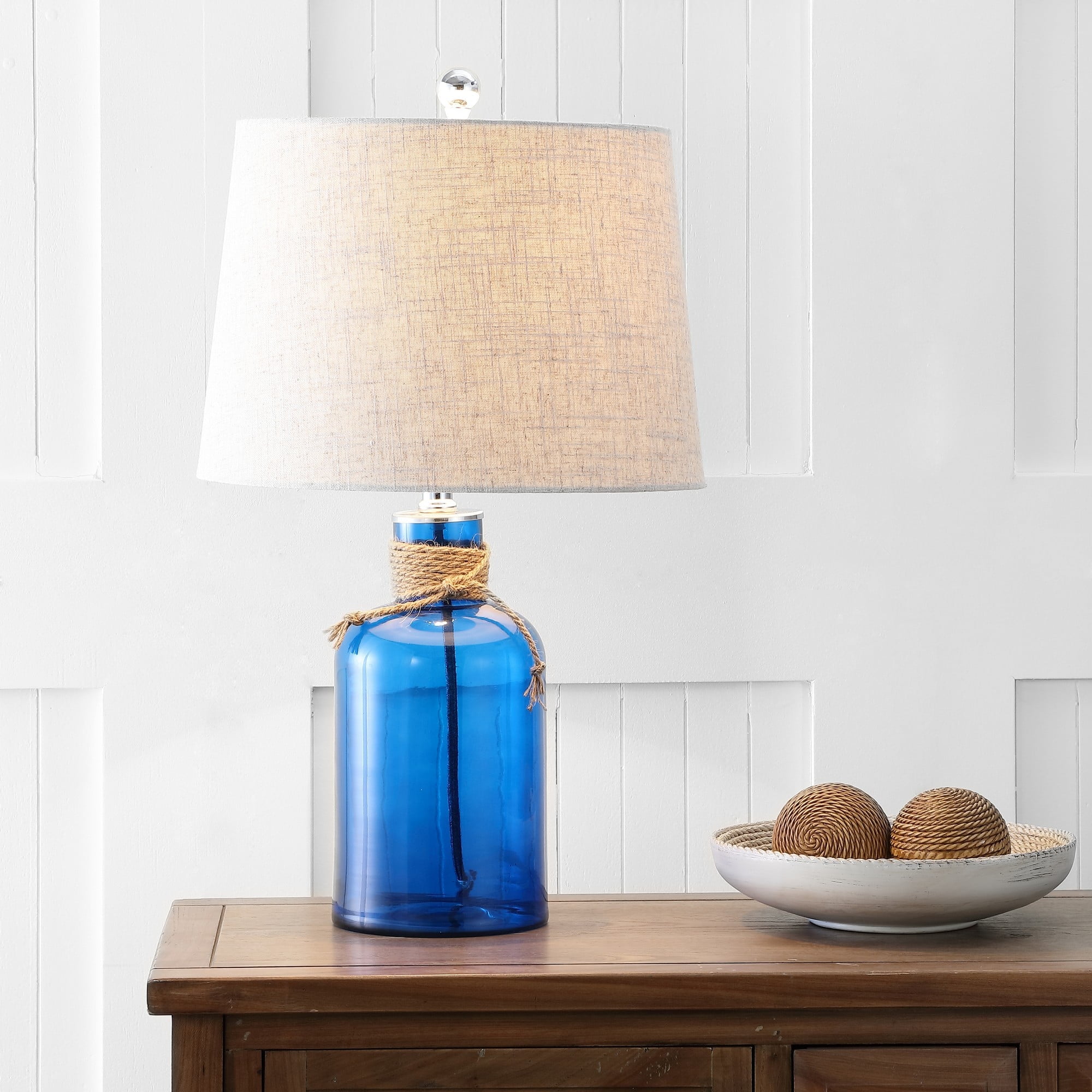 Azure Blue Glass Bottle Table Lamp with Linen Shade