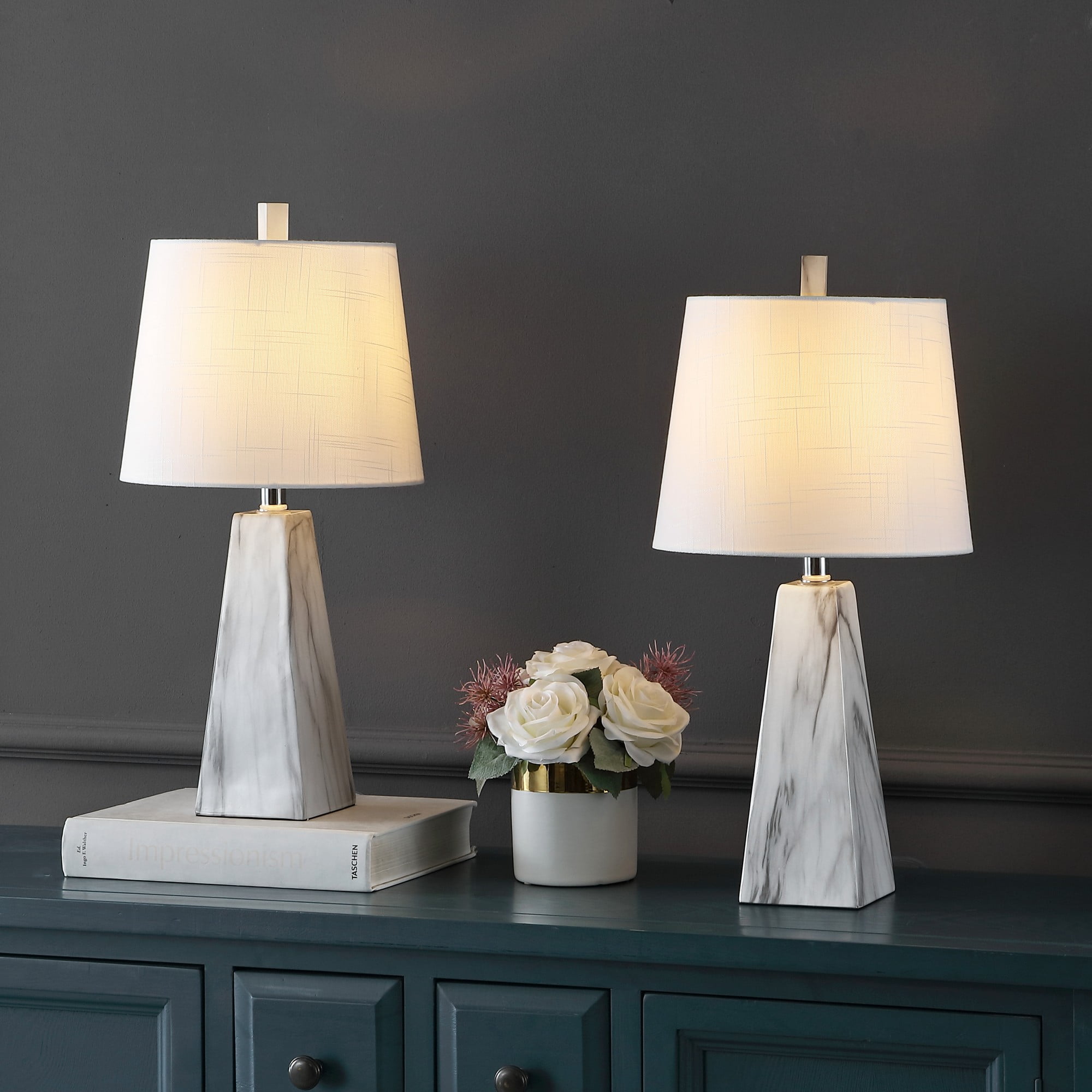 Owen 20.5" White Marble Finish Resin Table Lamp Set with Linen Shade
