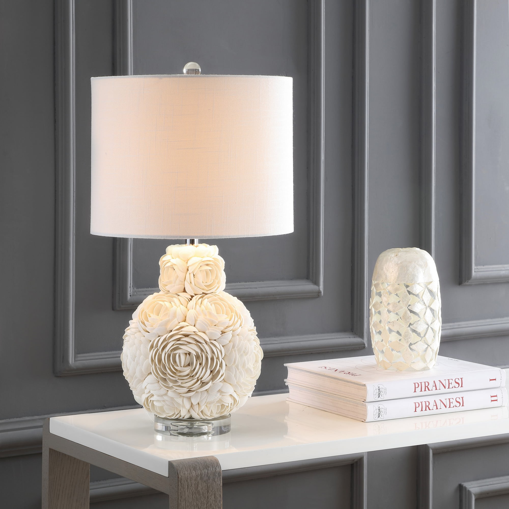 White Seashell Rosette Table Lamp with Cotton Shade