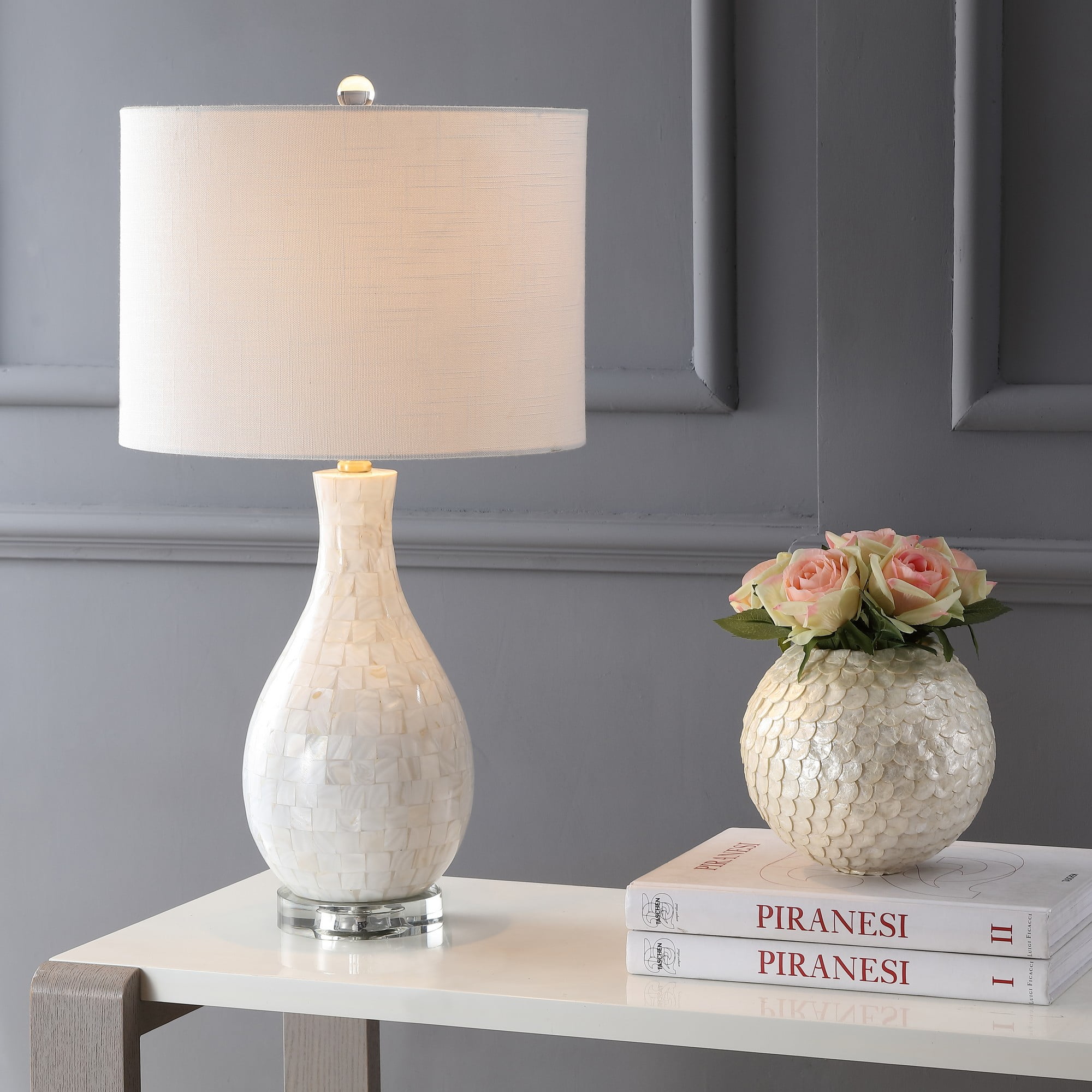 White Mother of Pearl Shell LED Table Lamp with Silk Shade
