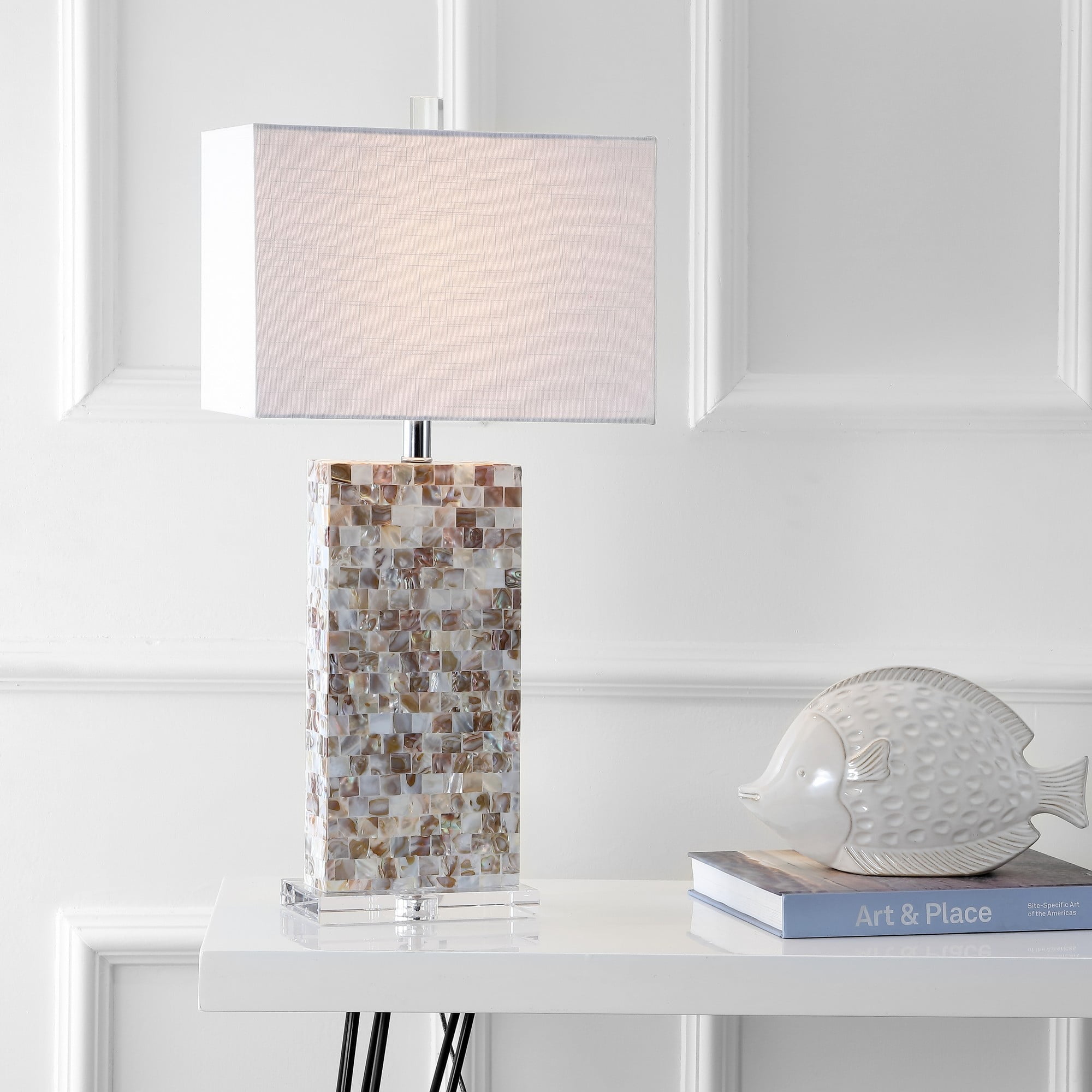 Natural Capiz Shell and Chrome Rectangle Nightstand Lamp