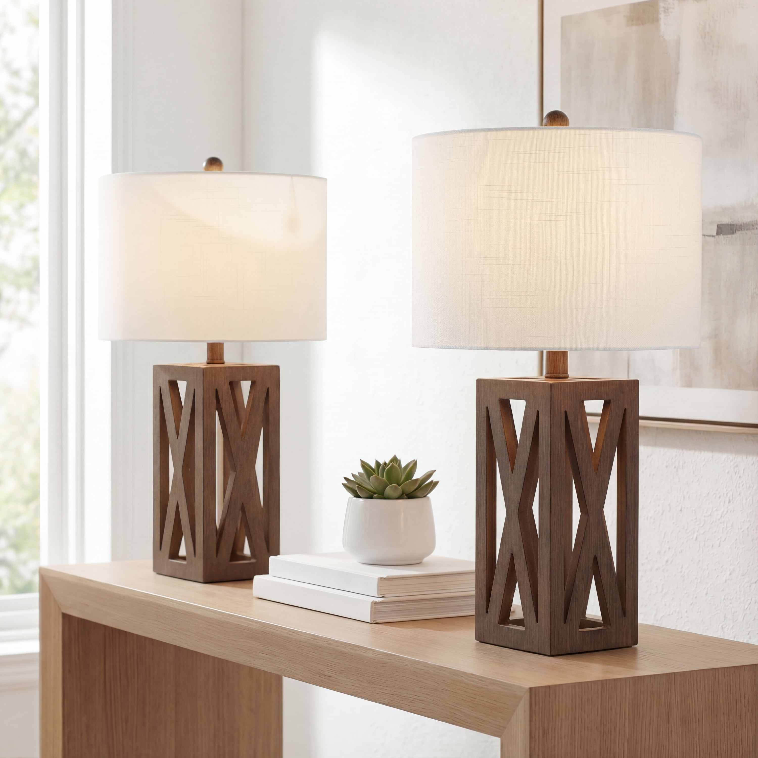 JONATHAN Y Stewart 21.5" Farmhouse Wood LED Table Lamp, Brown (Set of 2), JYL1062A-SET2