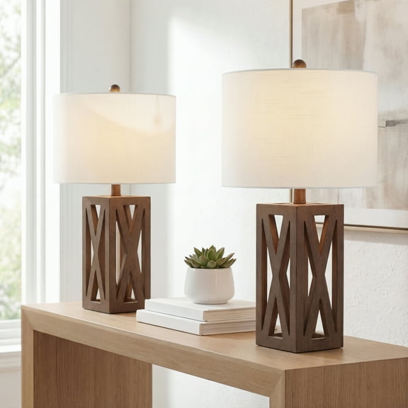 JONATHAN Y Stewart 21.5" Farmhouse Wood LED Table Lamp, Brown (Set of 2), JYL1062A-SET2