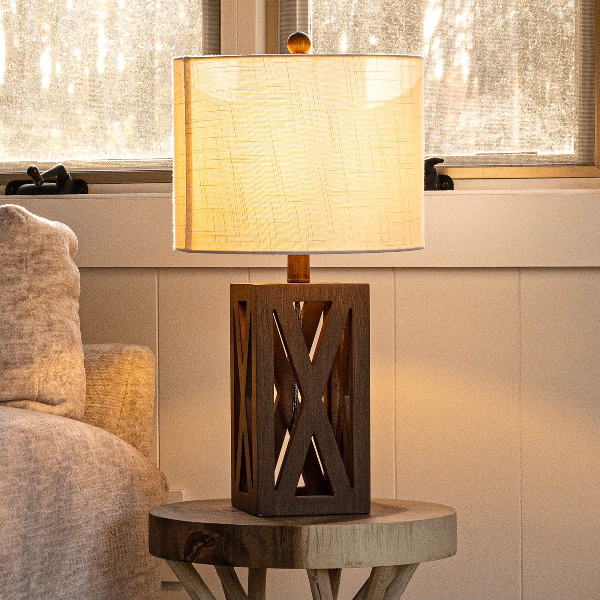 Stewart Rustic 21.5" Brown Wood Table Lamp with White Linen Shade