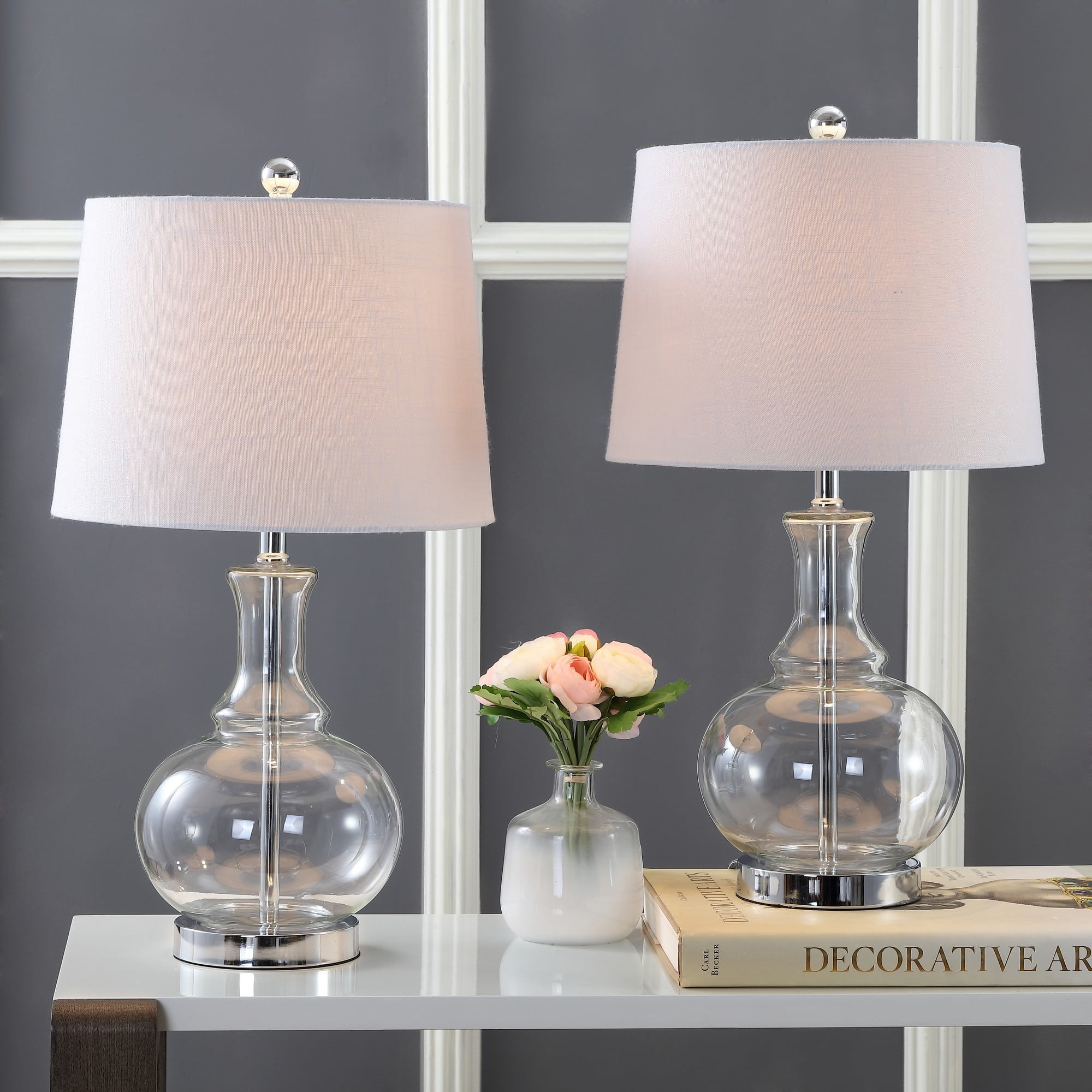 JONATHAN Y Lavelle 25" Glass LED Table Lamp Set Of 2, Cobalt Blue With White Linen Shade - Bedroom, Living Room, Office