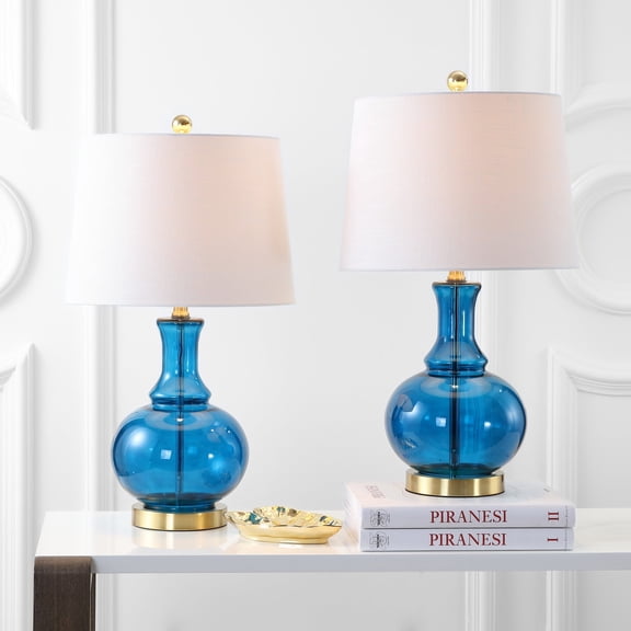 JONATHAN Y Lavelle 25" Glass LED Table Lamp, Cobalt Blue/Brass Gold (Set of 2), JYL1068C-SET2