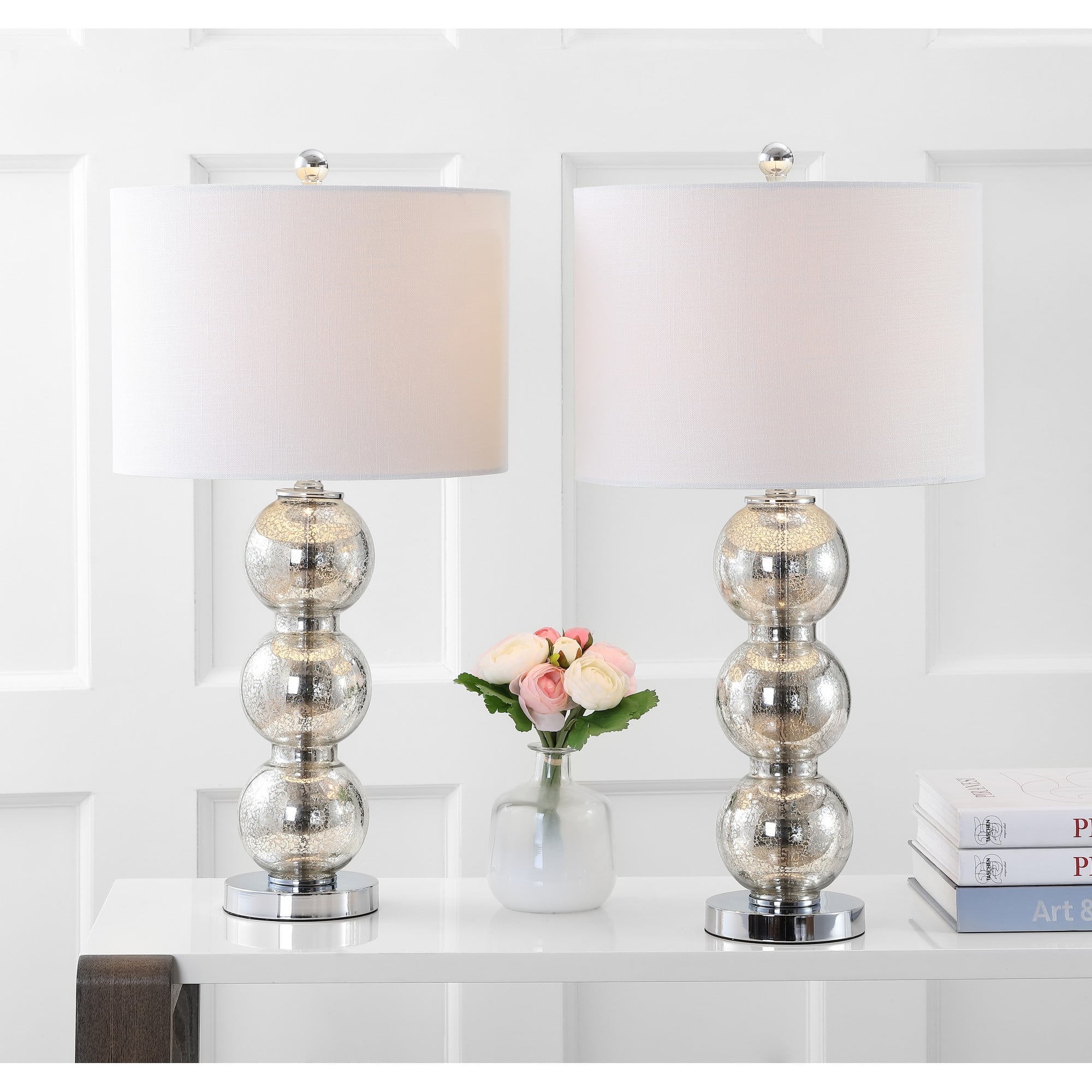 Mercury Silver Glass Triple-Sphere Table Lamp Set with Linen Shade