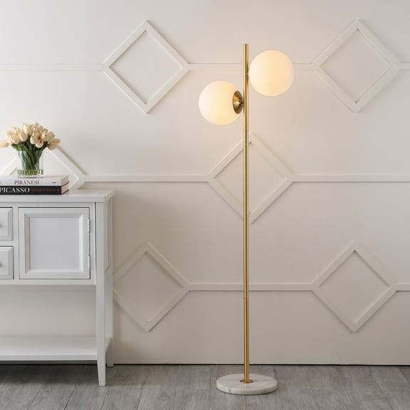 JONATHAN Y Oscar 60.5" 2-Light Modern Parisian Candlestick Iron LED Floor Lamp, Brass Gold/White, JYL1108A