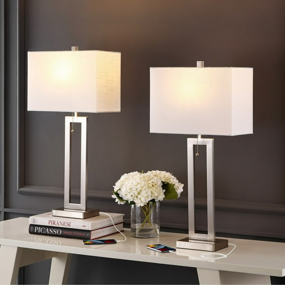 JONATHAN Y Sabrina 28.5" Vintage Industrial Iron LED Table Lamp with Pull-Chain and USB Charging Port, Nickel (Set of 2), JYL1126B-SET2