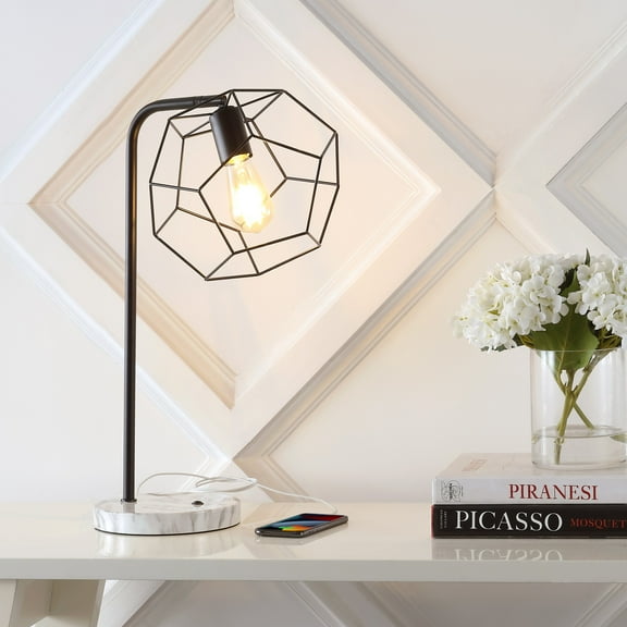 JONATHAN Y Penta 23.5" Industrial Farmhouse Head-Adjustable Iron LED Task Lamp with USB Charging Port, Black, JYL1132A