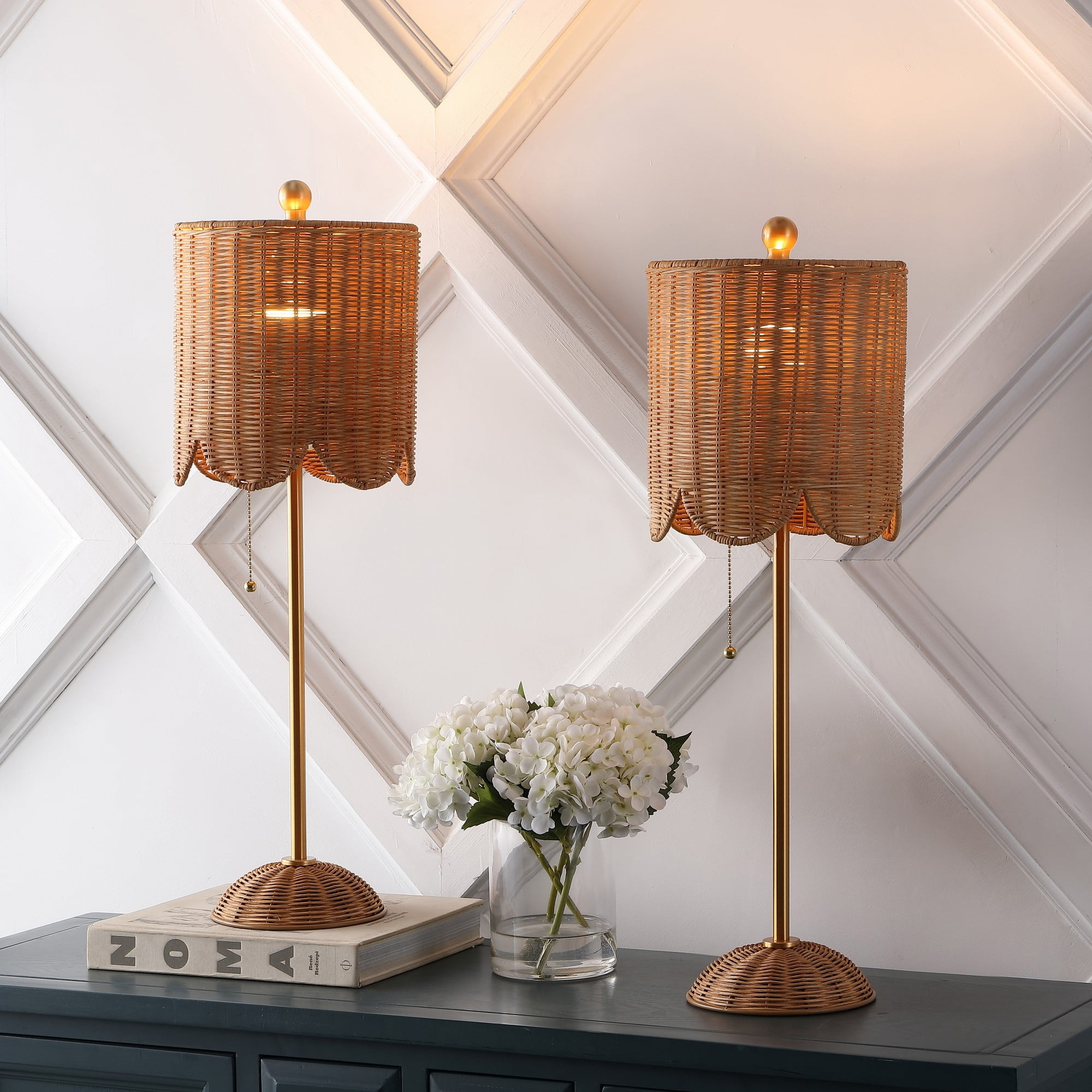 Celerie 27.5" Natural Rattan and Brass Gold LED Table Lamp Set