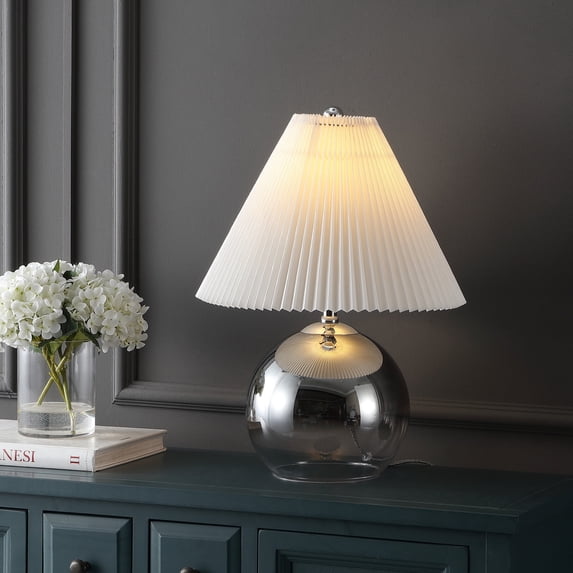 JONATHAN Y Louisa 22.5" Mid-Century Modern Round Glass/Iron Pleated Shade LED Table Lamp, Smoke Gradient/Chrome, JYL1139A