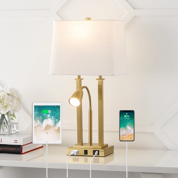 JONATHAN Y Blaire 23.75" 2-Light Modern Farmhouse Metal LED Table Lamp with USB Charging port, Adjustable Reading Light and AC Outlet, Brass Gold, JYL1144B